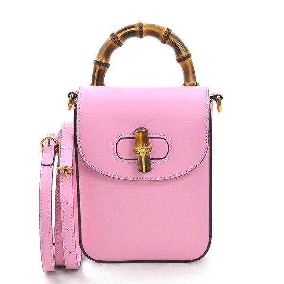GUCCI Pink Leather Bamboo Shoulder Bag - Picture 1 of 5